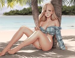 1futa absurdres against_tree anonfutashopper_(editor) balls bare_shoulders barefoot beach blonde_hair bottomless breasts cleavage dappled_sunlight day detailed_background edit feet flaccid flaccid_penis front-tie_top futa_only futanari grey_eyes hair_over_one_eye i0525 intersex lips long_hair medium_breasts naked_shirt no_bra ocean original outdoors palm_tree penis plaid plaid_shirt shade shirt sitting small_balls small_penis solo solo_futa sunlight testicles toes tree uncensored wavy_hair