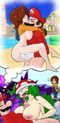 1boy 2girls anthro areolae blush breasts brown_hair clothing dodo-bot dream female green_hair heart long_hair male mario mario_(series) mii mii_gunner mii_gunner_(smash_4) nintendo nipples nude nude_female paizuri penis piranha_plant piranha_plant_girl sex shirt_lift standing standing_sex straight super_smash_bros. tagme tongue tongue_out