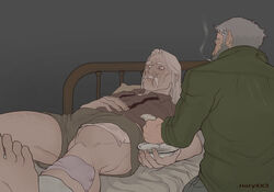 bill_(left_4_dead) caleb_quinn cigarette dead_by_daylight facial_scar glowing_eyes holyxxx3 injured long_hair lying_on_bed male_only old_man the_deathslinger white_hair