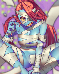 1girls anthro blue_skin cameltoe cleavage female female_only fish large_breasts marine mummy open_mouth pose pugthe2ro red_hair sharp_teeth solo spread_legs undertale undyne