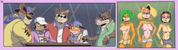 3girls ami_bandicoot anthro ashesg breasts crash_(series) crash_bandicoot crunch_bandicoot dingodile female furry furry_female furry_male hybrid liz_bandicoot nipples parody pinstripe_potoroo scalie scalie_male tawna_bandicoot tiny_tiger trophy_girls