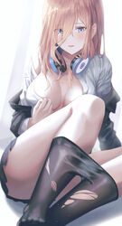 1girls arm_support bangs black_jacket black_legwear black_skirt blue_eyes blurry blurry_foreground blush breasts brown_hair cleavage clothes_pull clothing depth_of_field eyebrows_visible_through_hair eyes_visible_through_hair female female_only go-toubun_no_hanayome hair_between_eyes headphones headphones_around_neck highres jacket light_particles long_hair long_sleeves looking_at_viewer medium_breasts moda_(mo_da_3) nakano_miku off_shoulder open_clothes open_jacket open_mouth open_shirt pantyhose pantyhose_pull shirt sitting skirt solo solo_focus torn_clothes torn_legwear undressing white_shirt