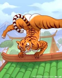 anthro anus anus_peek ass athletic athletic_female balancing big_butt brown_body chelodoy dreamworks felid female fit_female flexible kung_fu_panda mammal master_tigress multicolored_body muscular muscular_anthro muscular_female nude orange_body pantherine rooftop solo splits spread_legs spreading striped_body stripes thick_thighs tiger tigress training upside-down upside-down_splits white_body wide_hips yellow_sclera