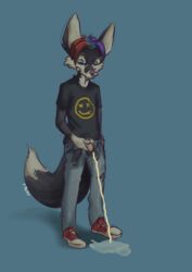 1boy animated anthro belt bodily_fluids bottomwear canid canine clothed clothing footwear fox furryporky genital_fluids genitals hi_res male male_only mammal nirvana_logo open_bottomwear open_clothing open_pants pants peeing penis shirt shoes solo topwear urine watersports