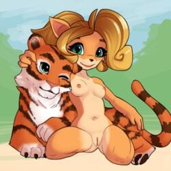 anthro belly_button coco_bandicoot crash_(series) female fur furry green_eyes naked nipples nude pura_(crash_series) pussy pyriax sitting small_breasts stomach thighs vagina