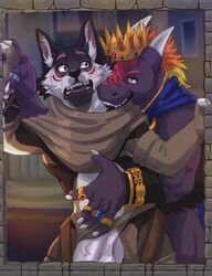 anthro balls biceps bite blush canid canine canis castle cloak clothing crown demon digital_media_(artwork) dragon duo genitals grabbing_from_behind hair hi_res jewelry loki_rel_zephyr male male/male mammal muscular muscular_anthro muscular_male noah open_mouth penis ring surprised_expression window wolf xenonnero