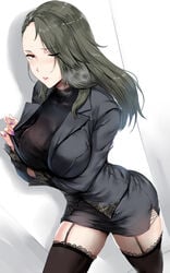 breast_hold garter_belt grey_hair hews_hack long_legs persona persona_5 sae_niijima suit thighhighs