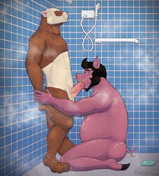 balls cowardlion domestic_ferret domestic_pig erection fellatio furry genitals hair hi_res kneeling leaning_on_wall male male/male mammal mustela mustelid musteline oral paws penile penis pink_penis sex shower showering side_view soap steam suid suina sus_(pig) tile tile_wall true_musteline wall_(structure) water yaoi