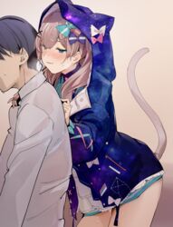 1boy 1girls blue_eyes blush cat_girl cat_tail clothed clothing faceless_male inviting_to_sex jacket nijisanji pussy_juice suzuhara_lulu suzuhara_ruru tagme tail uno_ryoku virtual_youtuber