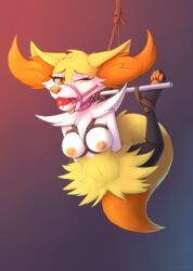 2021 big_breasts blush bondage bound braixen breasts evilymasterful female fur looking_at_viewer nintendo nipples nude one_eye_closed pokémon_(species) pokemon pokemon_(species) solo video_games