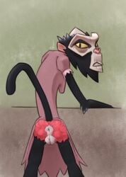 2013 angry_expression angry_eyes anthro anus ass bottomless breasts cartoon_network clothed clothing female genitals hi_res looking_at_viewer looking_back lucy_simian mammal mature_female miss_simian plump_labia ponchuzn primate puffy_anus pussy rear_view red_butt sagging_breasts solo teeth the_amazing_world_of_gumball why wtf yellow_sclera