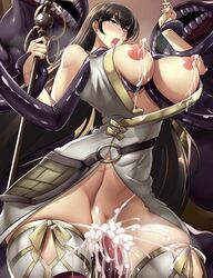 1girls ahe_gao big_breasts black_hair blush breast_grab breast_squeeze breasts clothed_sex clothing cum cum_in_pussy cum_inside fate/grand_order fate_(series) female haganef lactation lahmu lahmu_(fate) large_breasts long_hair open_mouth penetration purple_tentacles pussy restrained sex spread_legs tentacle thighhighs vaginal_penetration white_legwear white_thighhighs xuanzang_(fate)