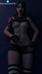 1girls 3d 3d_(artwork) 9:16 bare_midriff black_hair blender brown_eyes camo_print darkbahamuth exposed_breasts female female_only fingerless_gloves fortnite fortnite:_battle_royale gloves jawbreaker_(fortnite) nail_polish navel patreon_username shirt_lift short_shorts shorts sleeveless sleeveless_shirt solo striped_legwear tagme teasing thighhighs twitter_logo twitter_username undressing