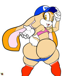 aged_up anthro ass baseball_cap big_ass big_butt bottom_heavy bubble_butt cap clothed clothing cream_the_rabbit dipstick_ears female flat_chest fur furry furry_only happy hat headgear headwear hi_res huge_ass huge_butt lagomorph leporid looking_at_viewer looking_back mammal multicolored_ears open_mouth open_smile orange_eyes rabbit ring sega shortstack skimpy smile solo sonic_(series) sonic_the_hedgehog_(series) stockings tail tank_top thecon thick_thighs thunder_thighs top wide_hips
