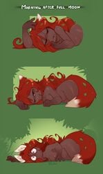 1girls dark-skinned_female fox_ears fox_girl fox_tail huffslove long_hair monster_girl nude_female red_hair shortstack sleeping solo surprised terraria thick_thighs werefox zoologist_(terraria)