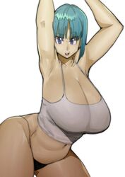 1girls arms_up blue_eyes bulma_briefs bulma_briefs_(androids'_saga) curvy doublehero dragon_ball dragon_ball_z female_only huge_breasts no_eyewear simple_background solo_female tagme thick_thighs thong white_background white_shirt