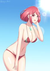 1girls 6oryo_illust alternate_costume bent_over bikini breasts ear_piercing female light_skin nintendo outdoors outside pyra red_eyes red_hair short_hair solo swimsuit xenoblade_(series) xenoblade_chronicles_2