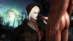 1boy 1girls animated_doll artificial_girl bloodborne clothed clothed_female_nude_male clothed_sex doll doll_joints el_ratounador fromsoftware full_moon green_eyes handjob large_penis light_skin monster_girl moon nude pale_skin plain_doll white_hair xnalara