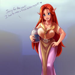 big_breasts breasts brown_hair cremia majora's_mask malon milk milk_bottle ocarina_of_time plague_of_gripes solo_female sweat the_legend_of_zelda