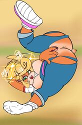 blonde_hair coco_bandicoot crash_(series) crash_on_the_run dizzy elperroross exposed_pussy female knocked_out large_breasts nipples overalls ripped_clothing seeing_stars socks wardrobe_malfunction