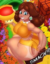 1girls ass ass_slap big_ass bimbo breasts brown_hair bubble_butt crop_top crown dat_ass dumptruck_ass ear_piercing earrings fat_ass female female_only freckles huge_ass large_ass looking_at_viewer looking_back mario_(series) mega_mushroom n-kosi n-kosi_(coloring) outdoors piercing princess_daisy royalty shorts slapping_ass slapping_own_ass smile solo super_mario_bros. thick_ass thick_thighs thunder_thighs wide_hips