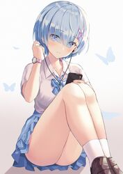 blue_eyes blue_hair eyes_visible_through_hair hyonee looking_at_viewer re:zero_kara_hajimeru_isekai_seikatsu rem_(re:zero) sitting skirt thighs white_shirt white_socks x_hair_ornament