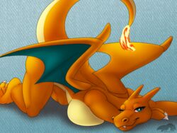 anthro big_breasts breasts charizard dragon female fire hi_res lying nintendo pinup pokémon_(species) pokemon pokemon_(species) pose thatblackfox_(artist) video_games