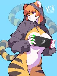 anthro breasts cleft_of_venus felid female genitals hi_res mammal moiyablochki nintendo nintendo_switch pantherine purple_eyes pussy solo tiger video_games yellow_body