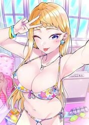 1girls bad_girl big_breasts bikini blonde_hair blue_eyes breasts dosanko_gal_wa_namara_menkoi earrings feminine gyaru ikada_kai long_hair minami_fuyuki selfie shounen_jump+ solo