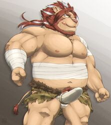 2021 anthro bandage brown_body brown_fur clothed clothing erection erection_under_clothing felid fur genitals hi_res humanoid_hands kemono lion male mammal musclegut nipples overweight overweight_anthro overweight_male pantherine penis penta002 simple_background solo tongue tongue_out underwear