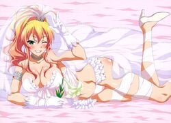 armband big_breasts blonde_hair bride hajimete_no_gal heels holding_flower lily_(flower) lingerie looking_at_viewer necklace ponytail tiara wedding_dress wedding_veil white_bra white_gloves white_panties yame_yukana