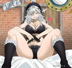 1girls alternate_version_available black_bra black_panties edens_zero gaston18 lingerie looking_at_viewer sister_ivry solo spread_legs spreading white_hair white_skin