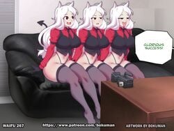 3girls ass big_breasts bokuman breasts camera casting_couch cerberus_(helltaker) couch demon demon_girl demon_tail dog_ears helltaker highleg_panties hourglass_figure interview necktie no_eyewear no_pants open_mouth panties sitting string_panties tail thick_thighs thighhighs thighs thin_waist white_hair