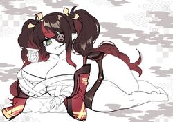 big_breasts black_hair demon demon_girl escort eyepatch kemono laying_down looking_at_viewer osiimi red_highlights seductive seductive_eyes seductive_smile shortstack simple_background smoke twintails white_skin wide_hips