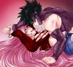 1boy 1boy1girl 1girls arms_above_head big_breasts black_hair blue_eyes breasts cuffs dabi female handcuffed handcuffs hvalross large_breasts long_hair male male/female my_hero_academia nipple_slip nipples original_character piercing pink_hair ripped_clothes ripped_clothing scars spiky_hair straight todoroki_touya touya_todoroki