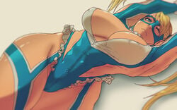 1girls big_breasts blue_clothing breasts butcherboy female one_eye_closed rainbow_mika solo street_fighter stretching