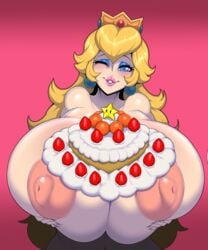 1girls alternate_breast_size areolae ber00 big_breasts blonde_hair blue_eyes blue_eyeshadow breasts cake crown exposed_breasts exposed_nipples female female_only huge_breasts hyper hyper_breasts large_breasts long_hair looking_at_viewer mario_(series) massive_breasts naked nintendo nipples nude nude_female nudity princess_peach simple_background smiling_at_viewer solo solo_female super_mario_64 wink winking_at_viewer