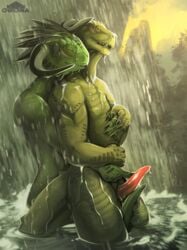 absurd_res animal_genitalia anthro anthro_on_anthro argonian bethesda_softworks chromamancer derkeethus detailed_background digital_media_(artwork) duo erection gay genital_slit genitals green_body green_scales hi_res looking_at_another male male/male male_only nude outside partially_submerged penis reptile scales scalie shaded skyrim slit smile tapering_penis the_elder_scrolls touching_penis video_games water waterfall