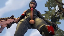 3d balls clothed clothing dickgirl fortnite fully_clothed gun long_penis looking_down_at_viewer penis penis_out penis_out_of_pants shadow_ops skinny_penis tagme