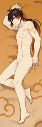 1boy abs absurdres ahoge arm_tattoo bangs barbie_doll_anatomy brown_hair dakimakura earrings eyeliner eyeshadow featureless_crotch genshin_impact gradient gradient_hair hair_between_eyes highres jewelry ken_doll_anatomy long_hair looking_at_viewer lying makeup male_focus male_only ninai nipples no_genitals no_penis nude on_side orange_hair pectorals ponytail simple_background single_earring solo tassel tassel_earrings tattoo toned two_tone_hair yellow_eyes zhongli_(genshin_impact)