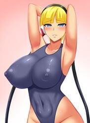 1girls alternate_breast_size big_breasts blonde_hair breasts curvy_figure elesa_(pokemon) elesa_(pokemon_bw) eye_contact female gym_leader huge_breasts looking_at_viewer murasame_(pixiv_38411450) nintendo no_eyewear one-piece_swimsuit pokemon pokemon_bw solo standing swimsuit