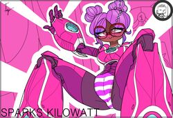 1girls 2d 2d_(artwork) 2d_artwork angrydiaper123 armor artist_logo blush breasts character_name clothed clothed_female dark-skinned_female dark_skin double_bun medium_breasts metaverse_champions panties pink_armor pink_background pink_clothing pink_stripes pink_theme purple_hair pussy_outline red_glasses roblox roblox_rthro robloxian simple_background sparks_kilowatt spread_legs striped_panties white_stripes