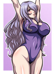 1girls 3:4 armpits arms_up bare_thighs big_breasts breasts camilla_(fire_emblem) cleavage cleavage_cutout female female_only fire_emblem fire_emblem_fates hair_over_one_eye huge_breasts inabakun00 large_breasts leotard long_hair looking_at_viewer nintendo open_mouth purple_eyes purple_hair solo solo_female thick_thighs