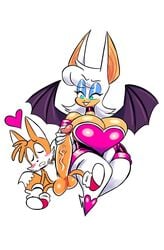 1boy 1girls anthro bat_wings big_breasts big_penis handjob heart huge_breasts larger_female older_female penis rouge_the_bat shortstack smaller_male sonic_(series) tails theguywhodrawsalot thick_thighs wings younger_male