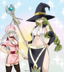 2girls edens_zero gaston18 looking_at_viewer multiple_girls nurse nurse_cap nurse_clothing nurse_outfit nurse_uniform sister_ivry standing underboob witch witch_costume witch_hat witch_regret witch_staff