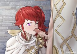 1boy 1girls anna_(fire_emblem) anna_(fire_emblem_heroes) atramada1 fellatio female fire_emblem fire_emblem_heroes handjob kiran_(fire_emblem) kiran_(fire_emblem)_(male) loki_(fire_emblem) nintendo one_eye_closed penis penis_lick penis_out purple_eyes red_hair testicles transformation winking