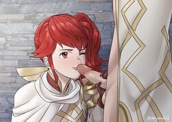 1boy anna_(fire_emblem) anna_(fire_emblem_heroes) atramada1 fellatio female fire_emblem fire_emblem_heroes handjob kiran_(fire_emblem) kiran_(fire_emblem)_(male) medium_penis nintendo one_eye_closed penis penis_lick penis_out red_hair testicles winking