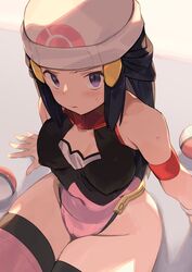 armwear beanie belt breasts cameltoe clothing dawn_(pokemon) embarrassed female female_only human looking_at_viewer nintendo pale_skin pokemon sitting spring2013 thick_thighs thighhighs thighs tight_clothing video_games visible_nipples