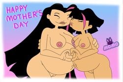 2girls asian asian_female ass big_breasts blue_background breasts cartoon_network female female_only holidays hugging juniper_lee long_hair love mature_female milf momokarin01 mother mother's_day mother_and_daughter nipples nude pink_background pregnant pussy the_life_and_times_of_juniper_lee white_background