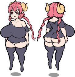 1:1 1girls black_shirt bottomless breasts demonroyal different_angle female female_only floating front_and_back horns ilulu_(dragon_maid) large_breasts leggings miss_kobayashi's_dragon_maid shortstack solo_focus white_background
